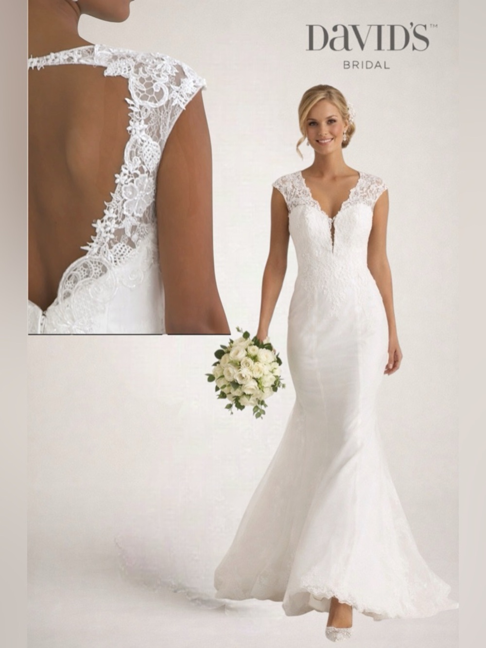 🛍️SALE🛍️David’s Bridal Illusion Deep Plunge Lace Cap Sleeve V-Neck Wedding Dress